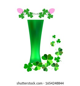 Clover and mug for green beer. Symbol fortune, success, traditional ireland festival, holiday St. Patrick. Fashion modern design. Color template for prints, card, wrapping, etc. Vector illustration.