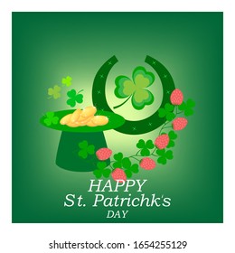 Clover, mug, treasure on green square, lettering HAPPY St. Patrick DAY. Symbol fortune, success, traditional ireland festival. Design element. Color template for prints, banner. Vector illustration.