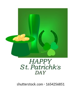 Clover, mug, treasure on green square, lettering HAPPY St. Patrick DAY. Symbol fortune, success, traditional ireland festival. Fashion design. Color template for prints, banner. Vector illustration