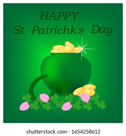 Clover, mug, treasure on green square, lettering HAPPY St. Patrick DAY. Symbol fortune, success, traditional ireland festival. Fashion design. Color template for prints, banner. Vector illustration.