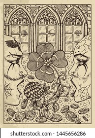 Clover. Mystic concept for Lenormand oracle tarot card. Vector engraved illustration. Fantasy line art drawing and tattoo sketch. Gothic, occult and esoteric background