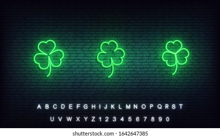 Clover neon Saint Patrick Day icons. Set of green Irish clover icons for Saint Patrick's Day