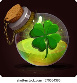 clover on the bottle. Game icon of magic elixir. Vector design for app user interface