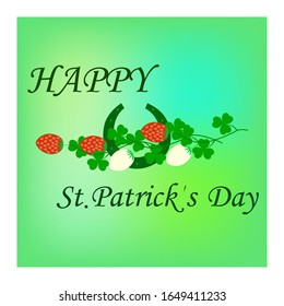 Clover on colorful square, lettering HAPPY St. Patrick DAY. Symbol fortune, success, traditional ireland festival. Fashion design. Color template for prints, wrapping, wallpaper. Vector illustration.