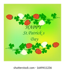 Clover on colorful square, lettering HAPPY St. Patrick DAY. Symbol fortune, success, traditional ireland festival. Fashion design. Color template for prints, wrapping, wallpaper. Vector illustration.