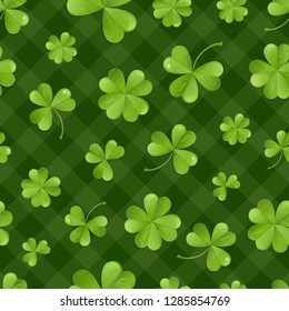 Clover on a green checkered background. Seamless Irish pattern