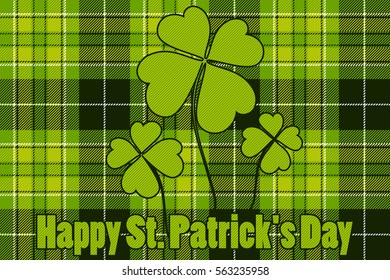 Clover on seamless check plaid background Happy St Patricks Day. Vector illustration