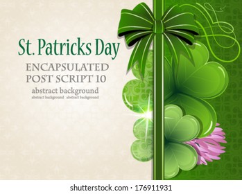 Clover on vintage green and beige background with bow and ribbon. St. Patrick's Day symbol