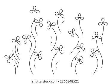 Clover or oxalis leaves and shoots isolated on white background. Stylized clover plants for card border, frame, Saint Patrick day decoration or other design. Line art style.  Vector illustration. Set.