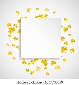 Clover paper frame with shamrock. Lucky trefoil confetti. Glitter frame of shamrock leaves. Template for party invite, retail offer and ad. Irish clover paper frame backdrop.