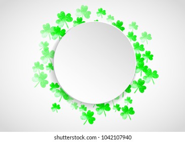 Clover paper frame with shamrock. Lucky trefoil confetti. Glitter frame of shamrock leaves. Template for flyer, special business offer, promo. Festal clover paper frame backdrop.