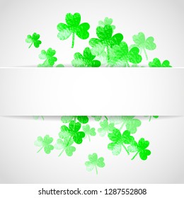 Clover paper frame with shamrock. Lucky trefoil confetti. Glitter frame of shamrock leaves. Template for party invite, retail offer and ad. Dublin clover paper frame backdrop.