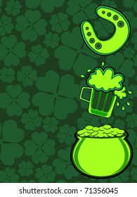clover pattern background with earthenware, beer mug and horseshoe