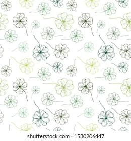 Clover pattern. Green, hand drawn four leaf clovers on transparent backdrop. Seamles vector background.