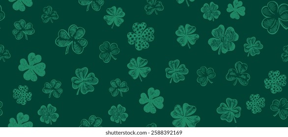 Clover pattern on green. Patrick's day. Hand drawn illustration.	