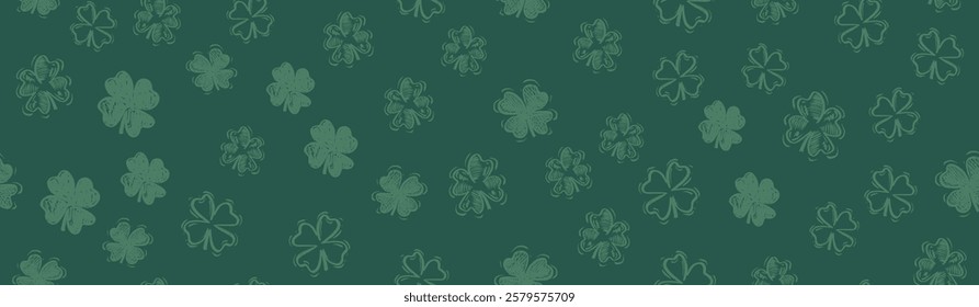 Clover pattern on green, Saint Patricks Day, hand drawn illustrations.	