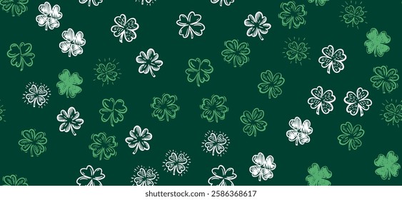 Clover pattern on green, Saint Patricks Day, hand drawn illustrations.