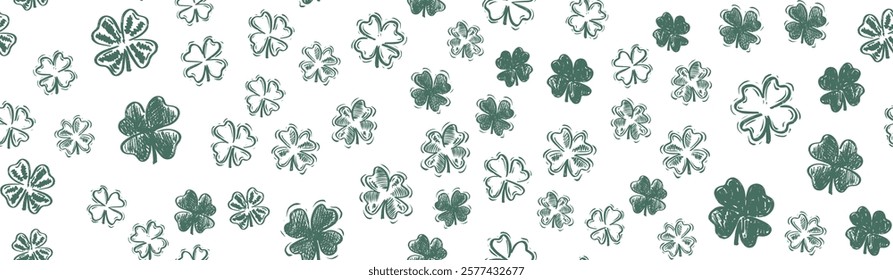 Clover pattern on white, Saint Patricks Day, hand drawn illustrations.	