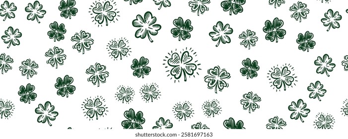 Clover pattern on white, Saint Patricks Day, hand drawn illustrations.	