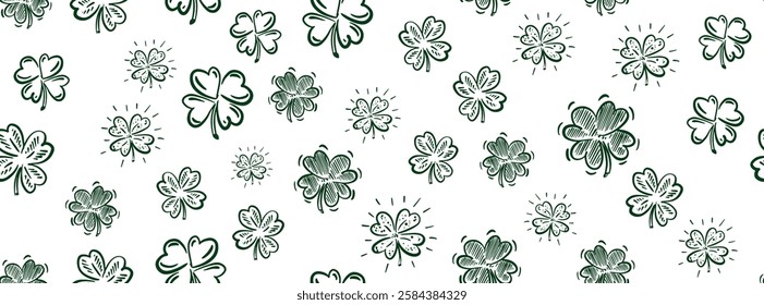 Clover pattern on white, Saint Patricks Day, hand drawn illustrations.	