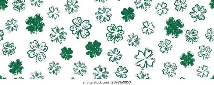 Clover pattern on white, Saint Patricks Day, hand drawn illustrations