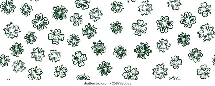 Clover pattern on white, Saint Patricks Day, hand drawn illustrations.	