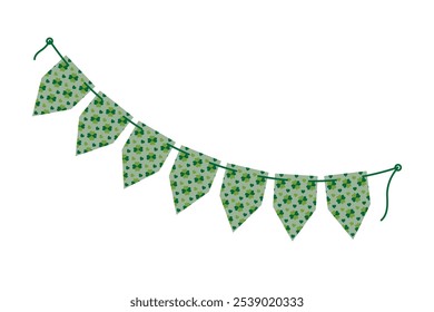 Guirnalda de banderines puntiagudos con estampado de trébol en la cuerda en verde monocromo de moda. Elemento del Día de San Patricio