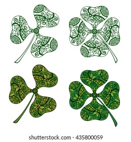 Clover Plants With a Symbolical Floral Pattern, With Three Leaves and Four-Sheeted Quadrifoliate Tetraphyllous Happy, Colorful and Green Monochrome Contours, Isolated on White Background. Vector