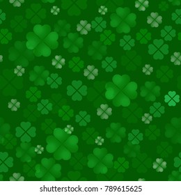 Clover quatrain seamless pattern. Irish Feast of St. Patrick Day. A lot of leaves scattered on a green background. Vector illustration.