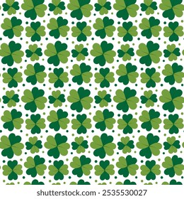 Clover Quatrefoil different sizes and dots Seamless pattern. St Patrick greeting wallpaper backdrop