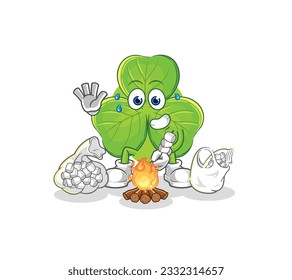the clover roasting marshmallows. cartoon mascot vector