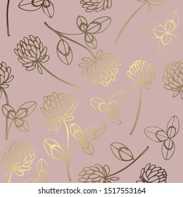 Clover. Rose gold. Elegant vector pattern with clover flowers with foil effect