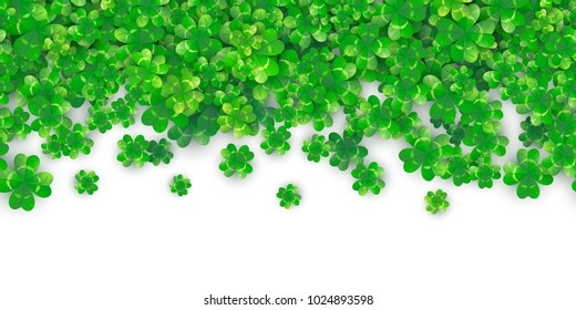 Clover seamless background with four leaves green shamrock plant heap with realistic shadows. For Patrick's Day celebration. 3d motion effect. Vector illustration