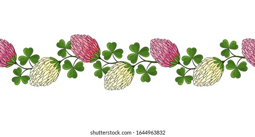 Clover seamless border. Shamrock flower print. Green clover leaves  on transparent background. Banner with traditional irish plants.  St. Patricks day party invitation, gritting card template.
