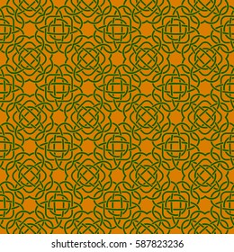Clover seamless pattern in Celtic Style. St. Patrick's Day endless repeat backdrop in green and orange colors, texture, wallpaper. Luck symbol backdrop. Stock vector