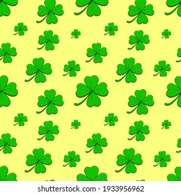 Clover seamless pattern. Green four leaf shamrock repeating tile. Vector illustration for fabric or wrapping paper 