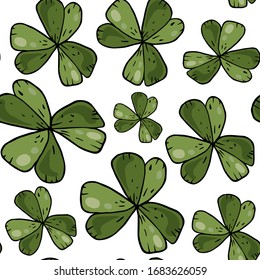 Clover seamless pattern. Green shamrocks on a white background. Vector
