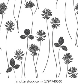 Clover. Seamless  pattern on white. Vector. Art floral background.  Silhouettes. Black and white.
