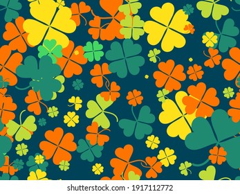 Clover seamless pattern for Saint Patrick's Day. Four-leafed and three-leafed clover. Background for printing on paper, advertising materials and fabric. Vector illustration