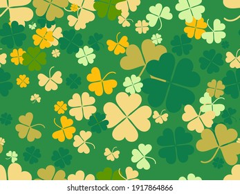 Clover seamless pattern for Saint Patrick's Day. Four-leafed and three-leafed clover. Background for printing on paper, advertising materials and fabric. Vector illustration
