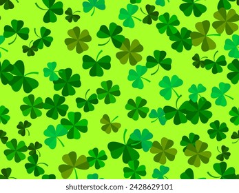 Nahtloses Klee-Muster für den St. Patrick's Day. Vierblättriges und dreiblättriges Kleeblatt. Hintergrund für Druck auf Papier, Werbemittel und Stoff. Vektorgrafik