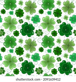 Clover seamless pattern. Shamrock digital paper. Cute bulky green clover leaves with sprout on a transparent background. 