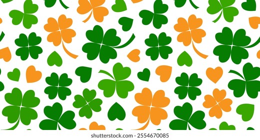 Clover seamless pattern, shamrock leaves background. Saint Patrick day bg. Green floral print. Irish texture. Lucky nature colorful plant wallpaper. Abstract vector illustration