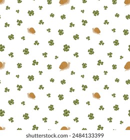 Nahtloses Kleemuster. Shamrock-Muster für den St. Patrick's Day. Kleemuster mit drei und vier Blättern. Chaotische Kleeblatt und Schnecken Vektorgrafik Muster. Handgezeichnete Illustration für Druckdesign.