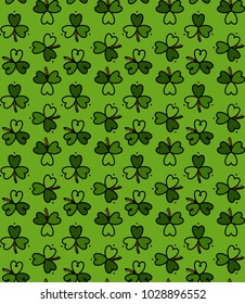 Clover seamless pattern. St. Patrick's Day endless repeated backdrop, texture, wallpaper. Luck symbol backdrop. Vector flat illustration
