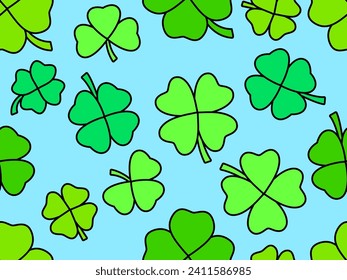 Clover seamless pattern for St. Patrick's Day. Green four-leaf and three-leaf clovers for good luck. Background for greeting card, wrapping paper, promotional materials. Vector illustration