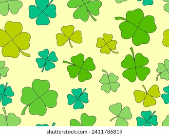 Clover seamless pattern for St. Patrick's Day. Green four-leaf and three-leaf clovers for good luck. Background for greeting card, wrapping paper, promotional materials. Vector illustration