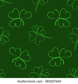 Clover seamless pattern with three and four leaf in green colours. St. Patrick's Day hand-drawn doodle style clover endless repeat backdrop, texture, wallpaper. Luck symbol backdrop. Stock vector