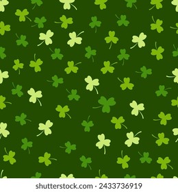 Clover seamless pattern, tree leaf clovers for Saint Patrick's Day on dark green background. Vector repeat illustration