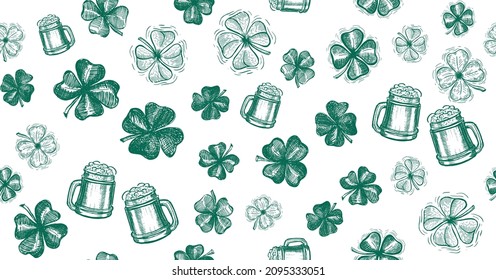 Clover set, beer, St. Patrick's Day. Hand drawn illustrations. Vector.	